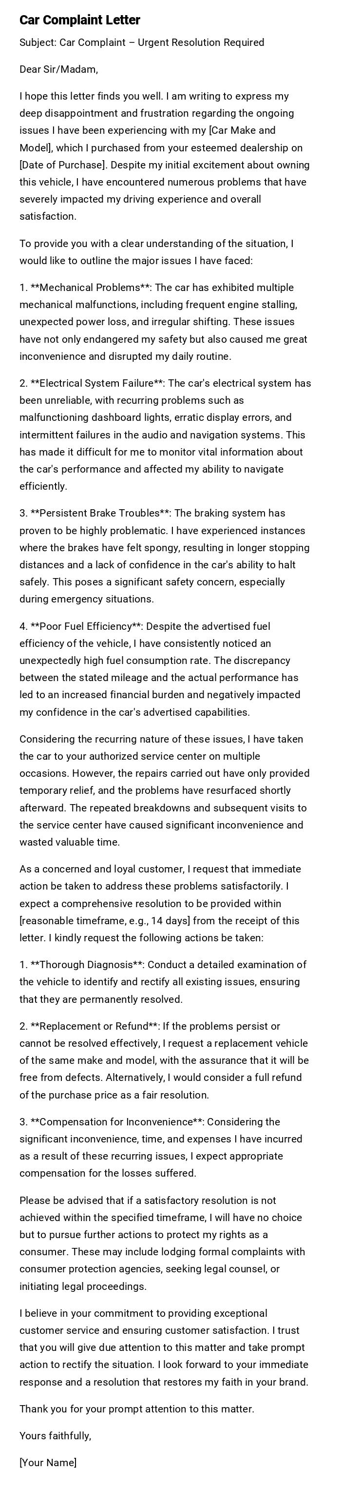 Car Complaint Letter