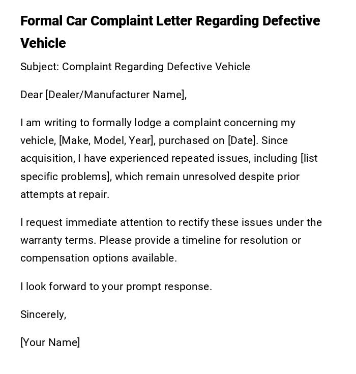 Formal Car Complaint Letter Regarding Defective Vehicle
