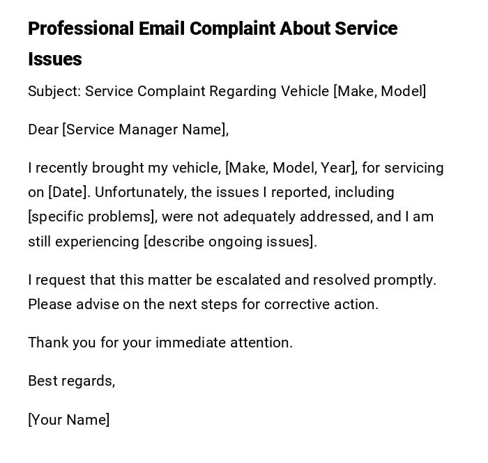 Professional Email Complaint About Service Issues