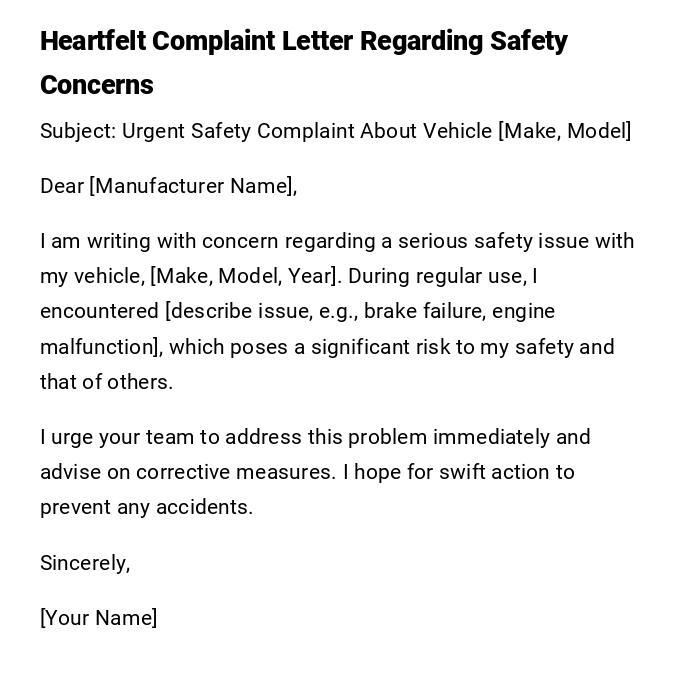 Heartfelt Complaint Letter Regarding Safety Concerns