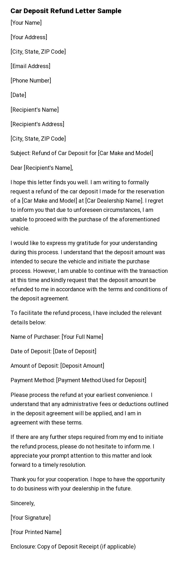 Car Deposit Refund Letter Sample