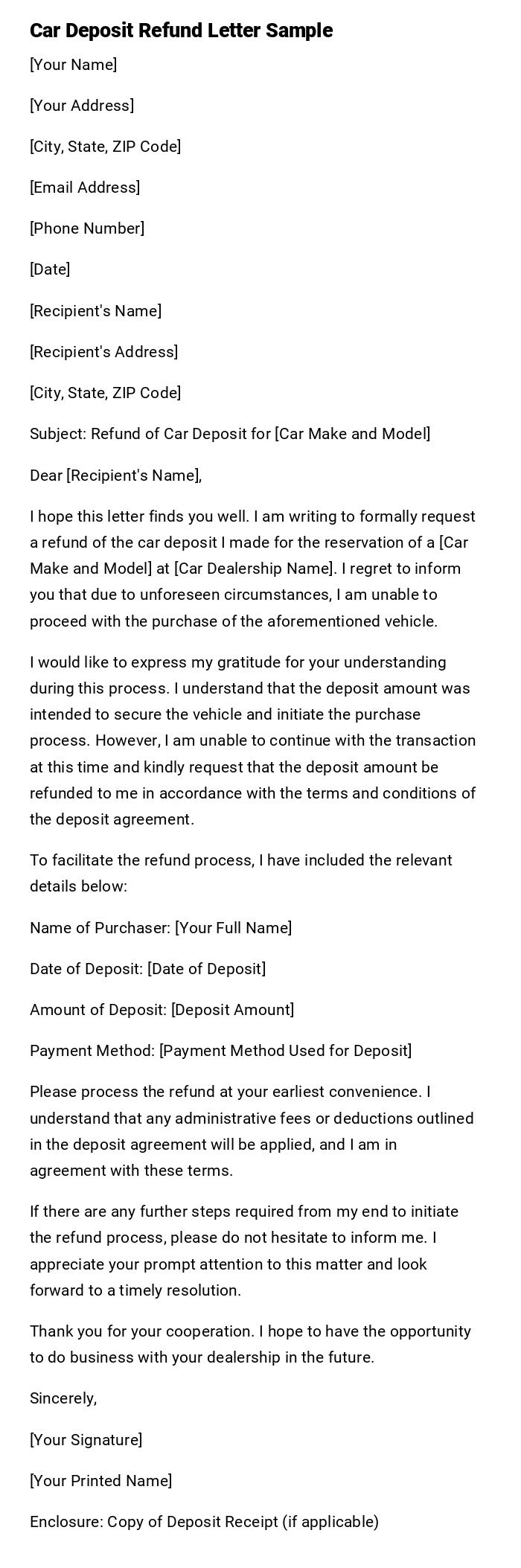 Car Deposit Refund Letter Sample