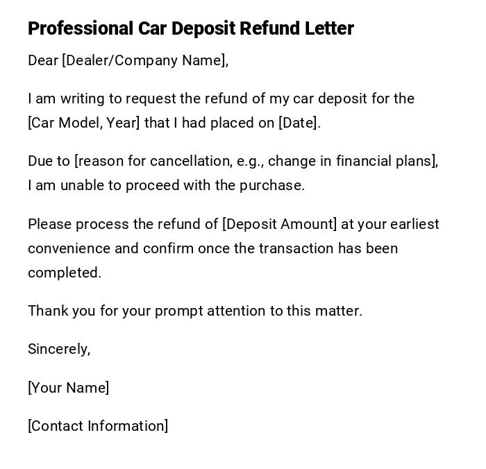 Professional Car Deposit Refund Letter Professional Car Deposit Refund Letter