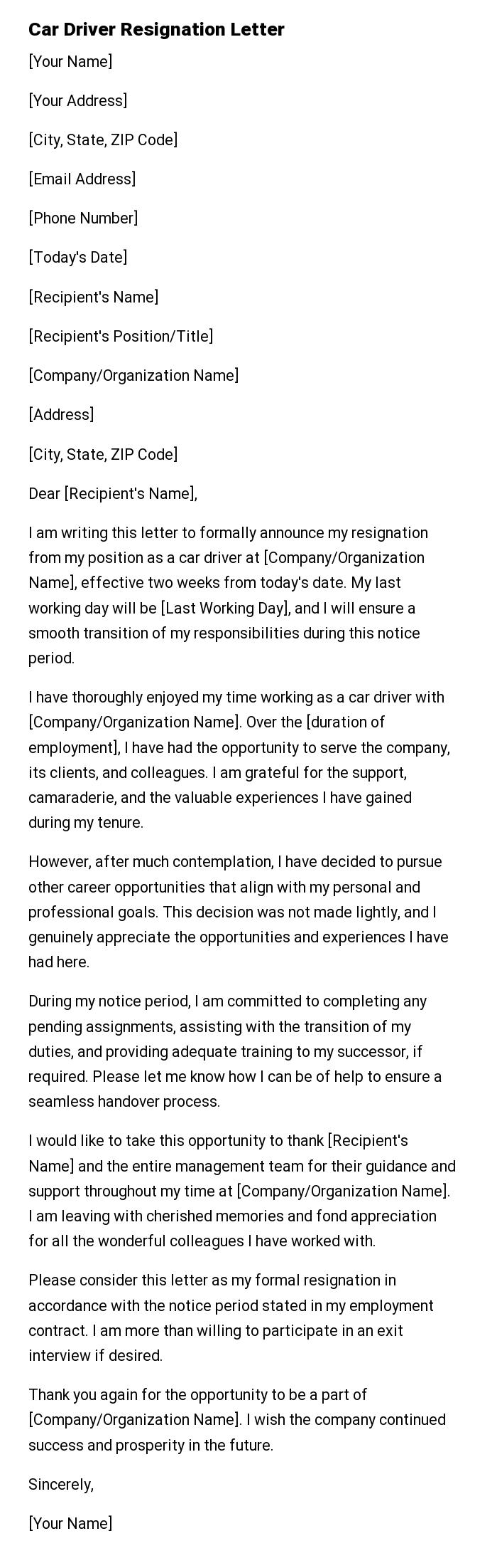 Car Driver Resignation Letter