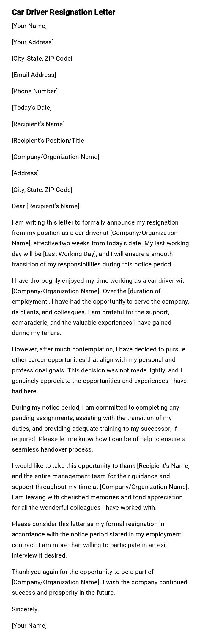 Car Driver Resignation Letter