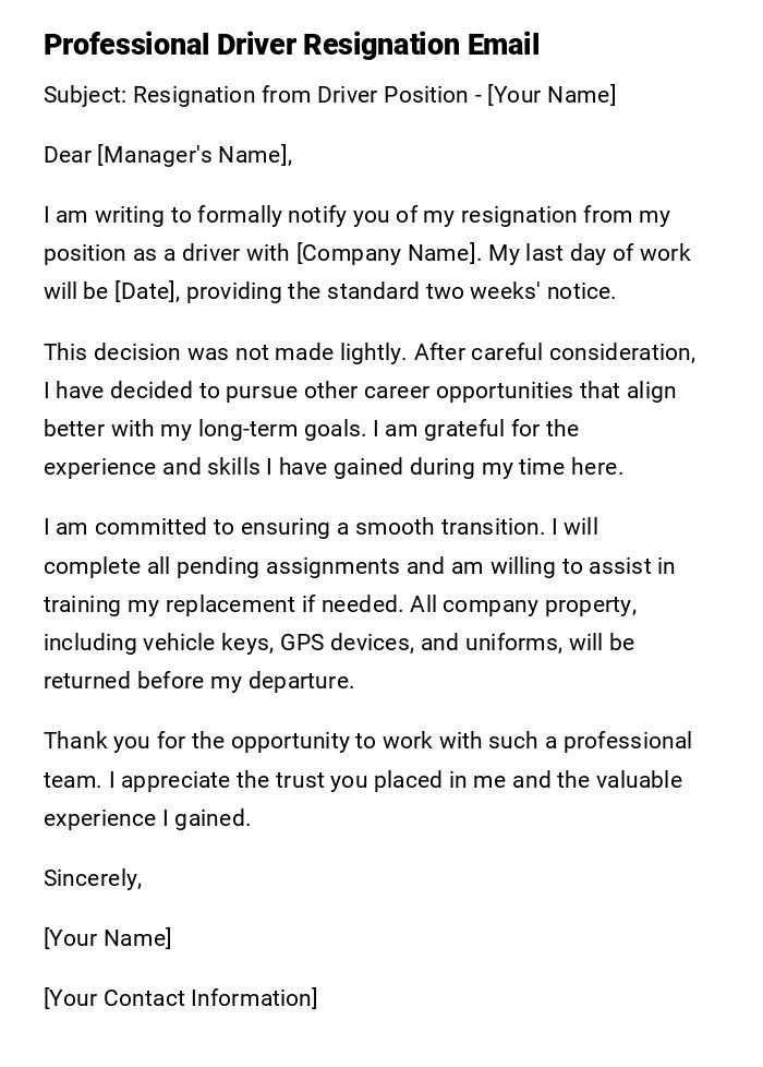 Professional Driver Resignation Email