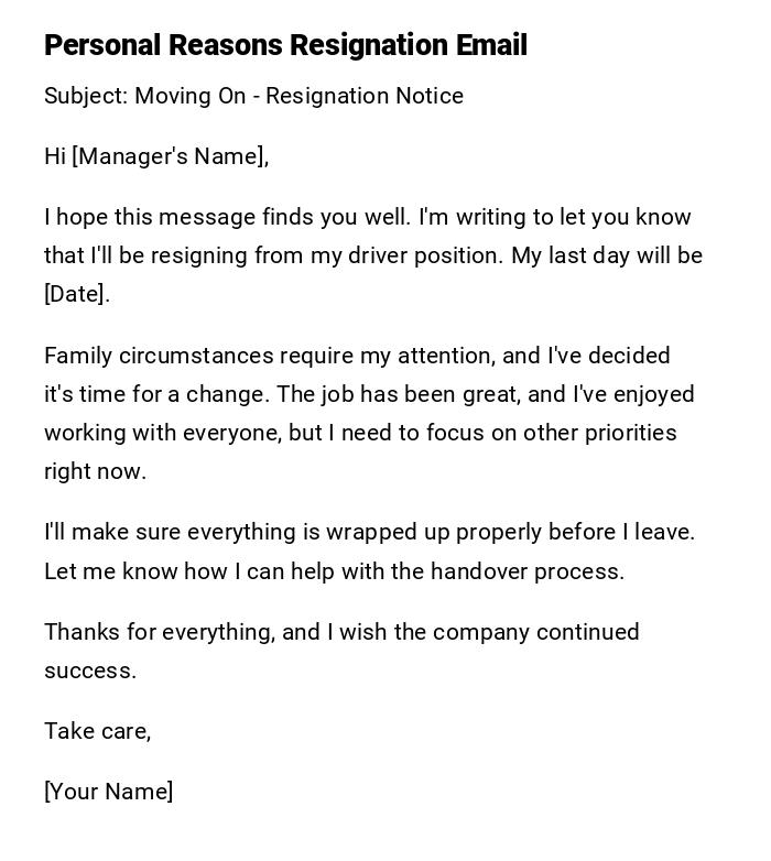 Personal Reasons Resignation Email