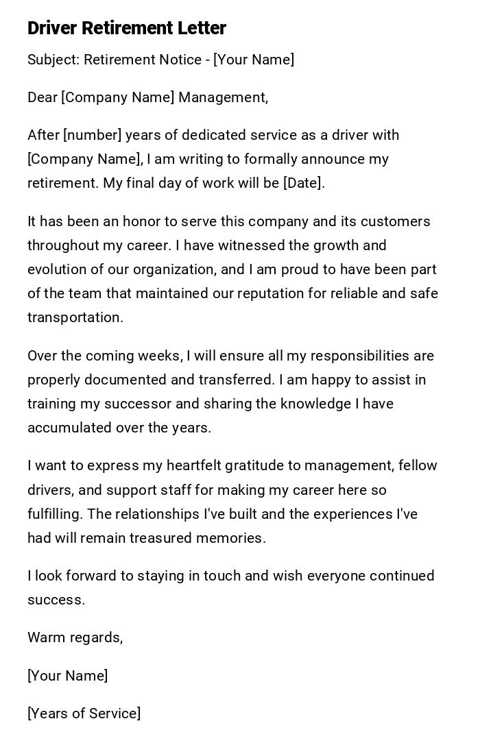 Driver Retirement Letter