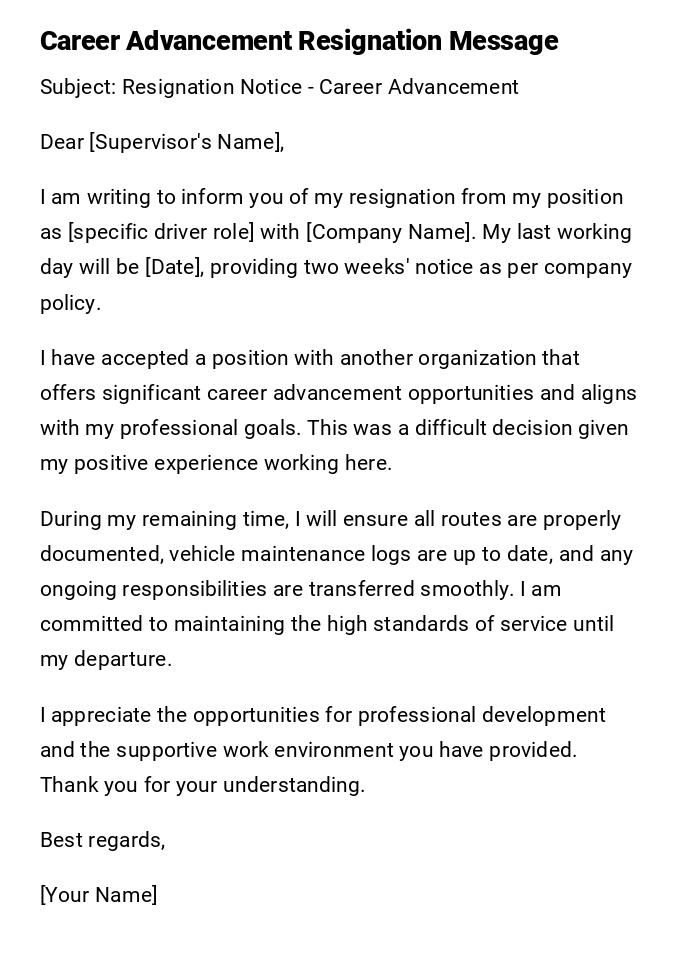 Career Advancement Resignation Message