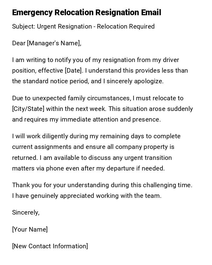 Emergency Relocation Resignation Email