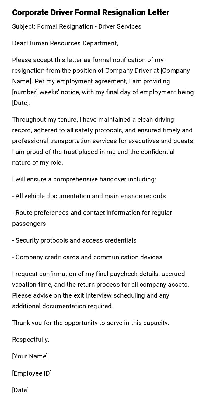 Corporate Driver Formal Resignation Letter
