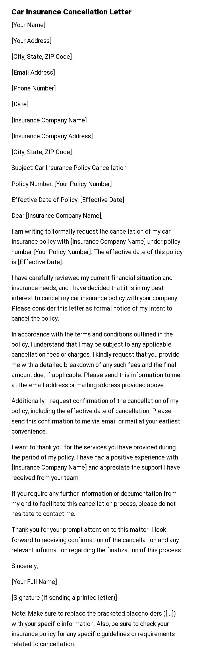 Car Insurance Cancellation Letter