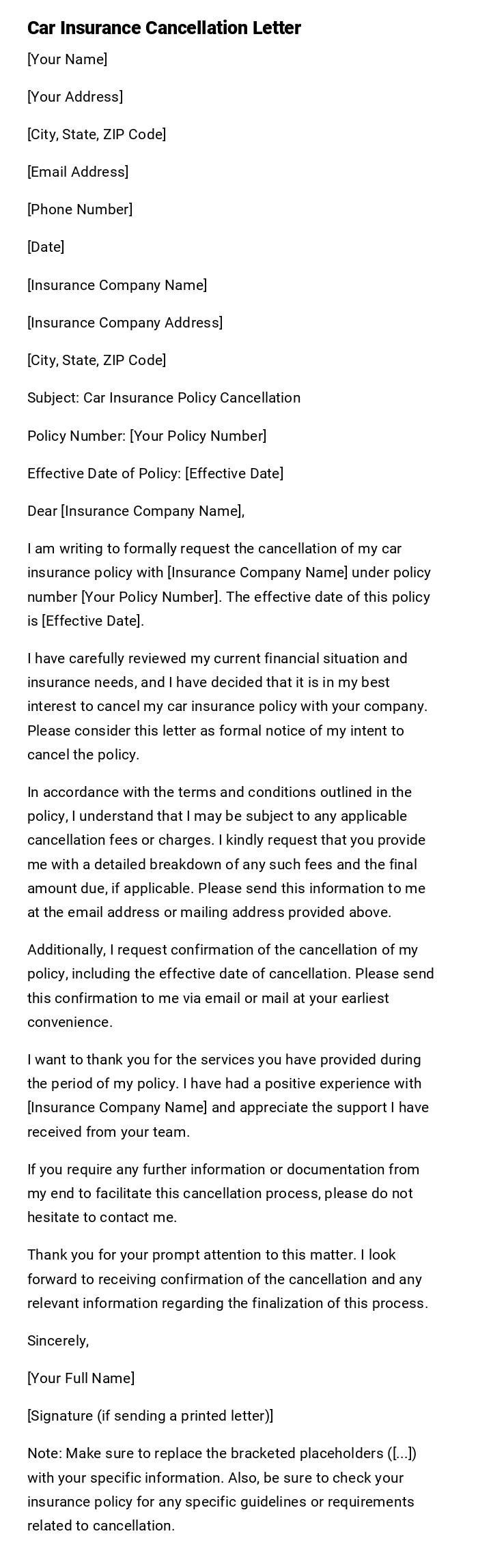 Car Insurance Cancellation Letter