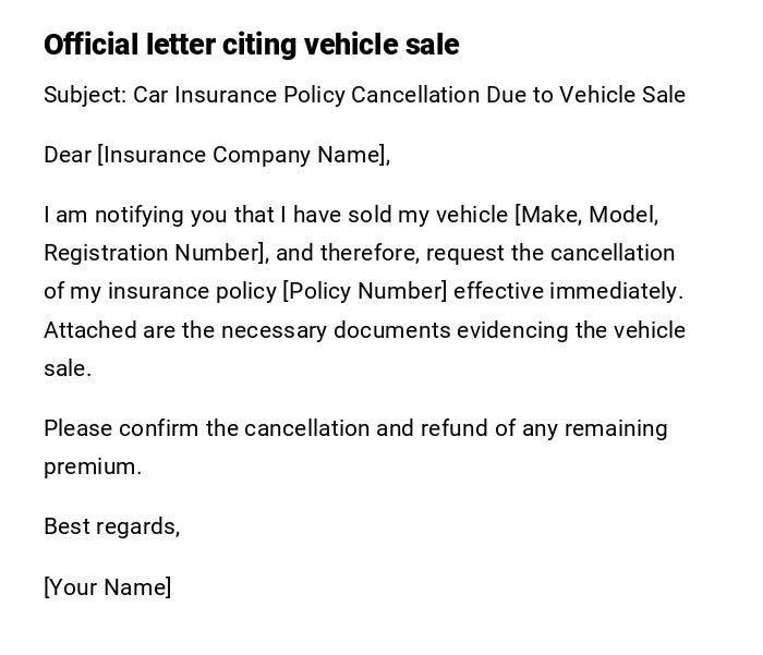 Official letter citing vehicle sale Official letter citing vehicle sale