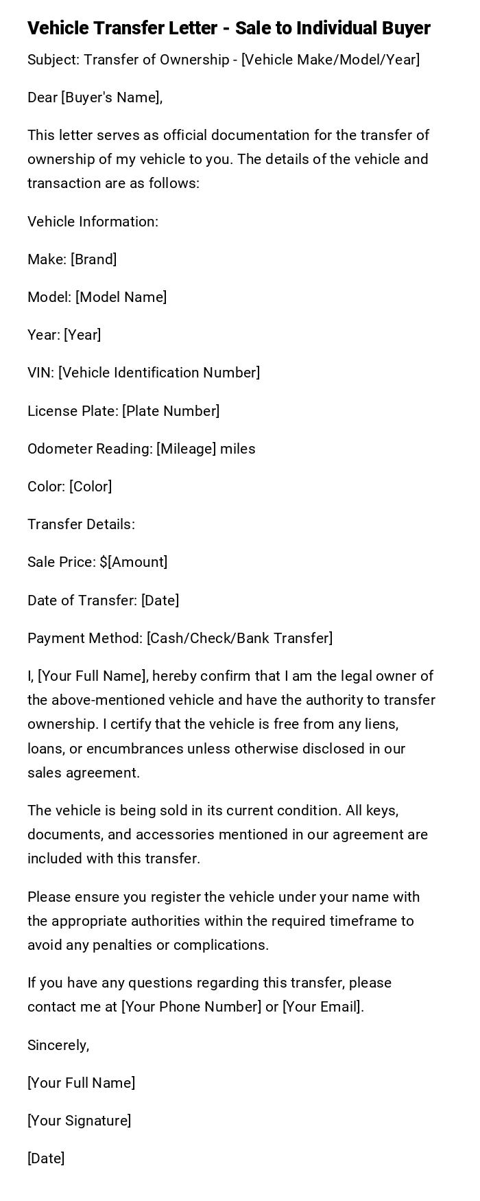 Vehicle Transfer Letter - Sale to Individual Buyer