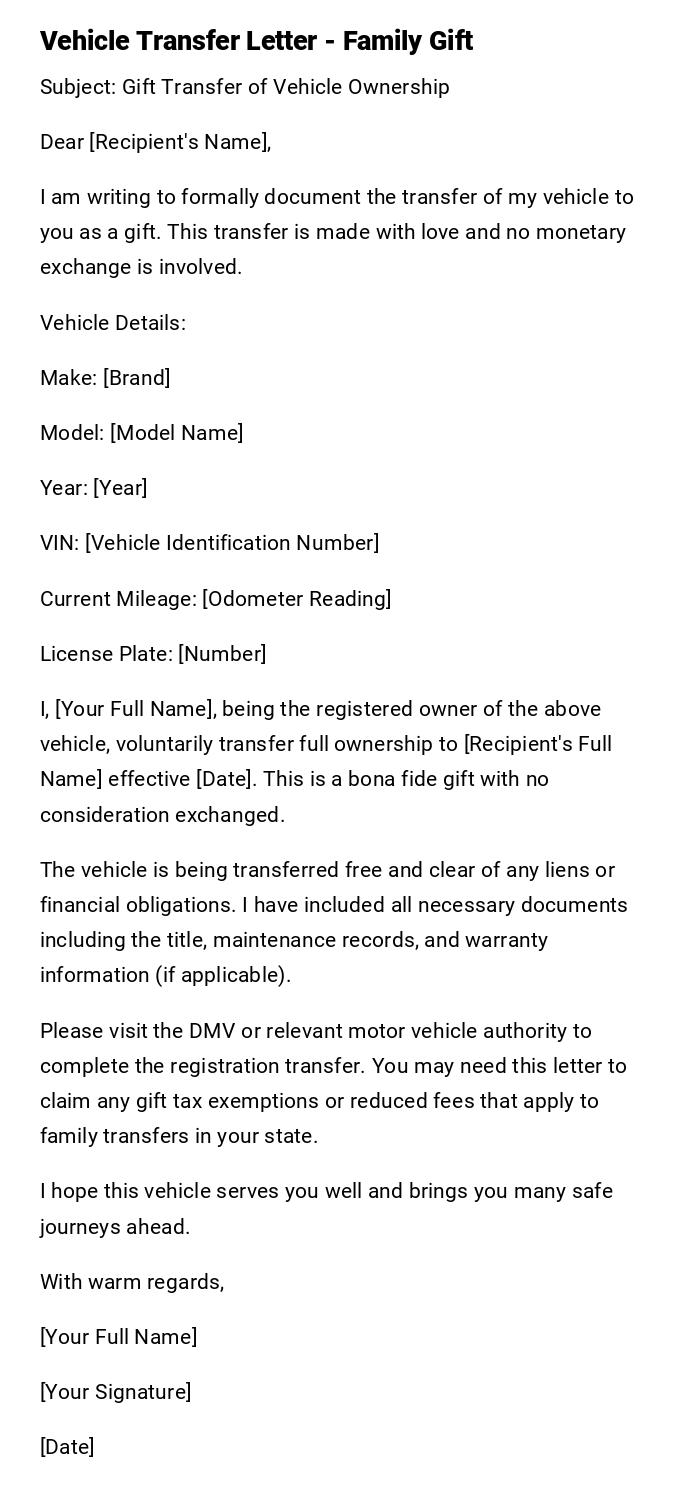 Vehicle Transfer Letter - Family Gift