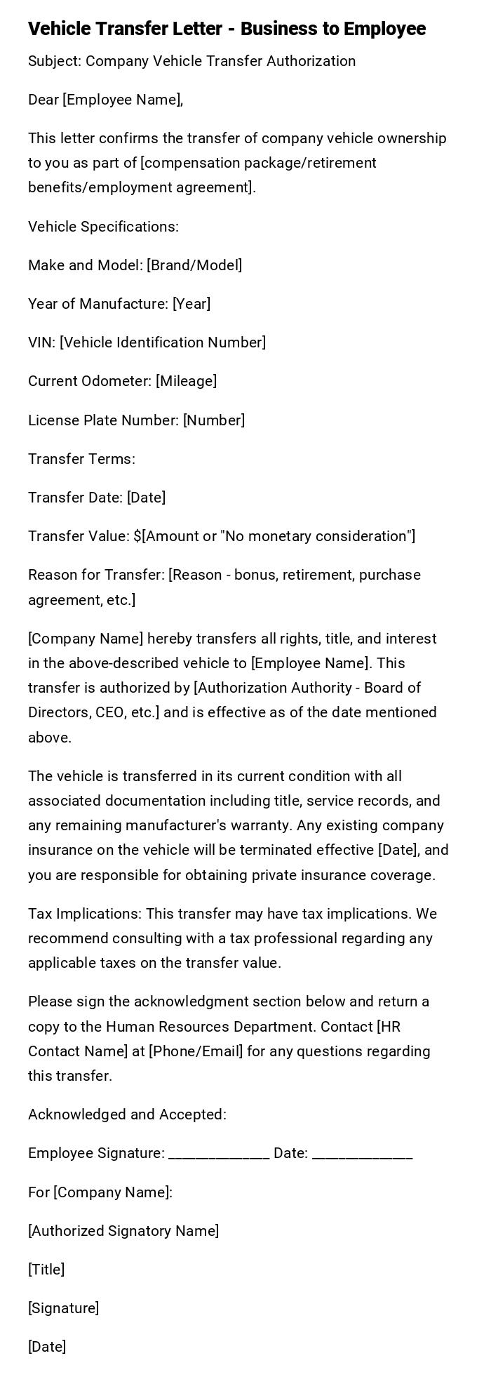 Vehicle Transfer Letter - Business to Employee
