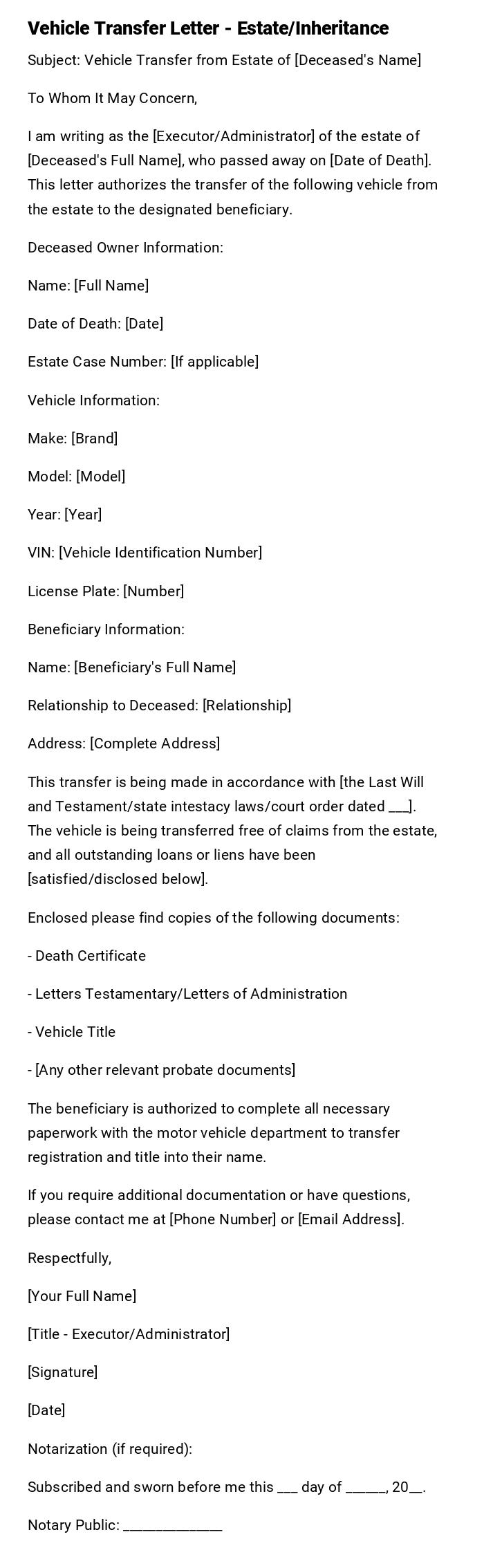Vehicle Transfer Letter - Estate/Inheritance