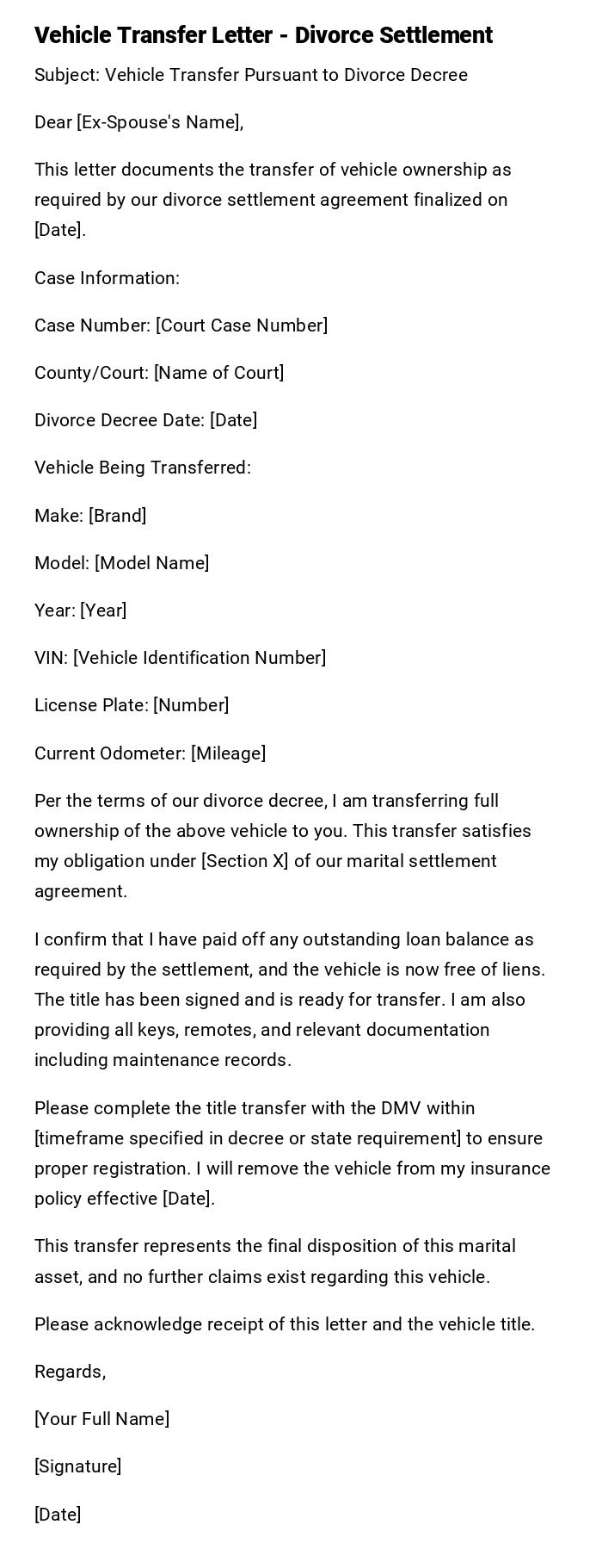 Vehicle Transfer Letter - Divorce Settlement