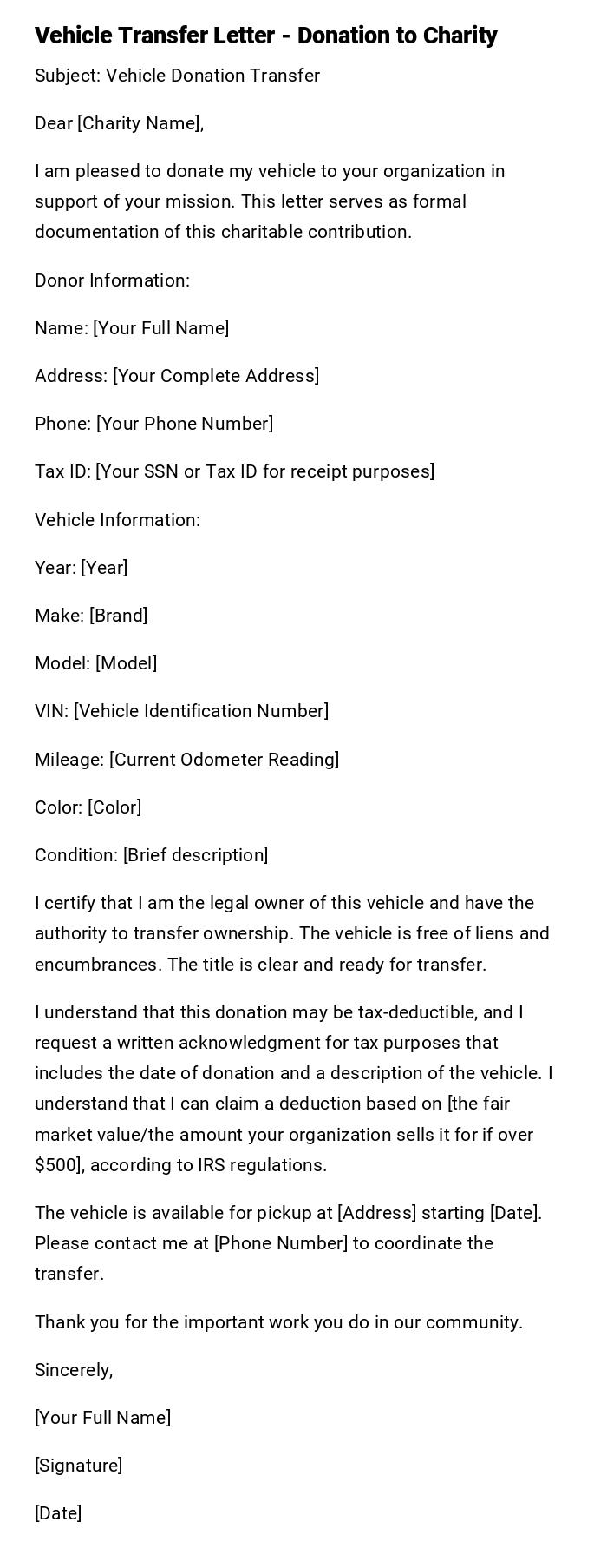 Vehicle Transfer Letter - Donation to Charity