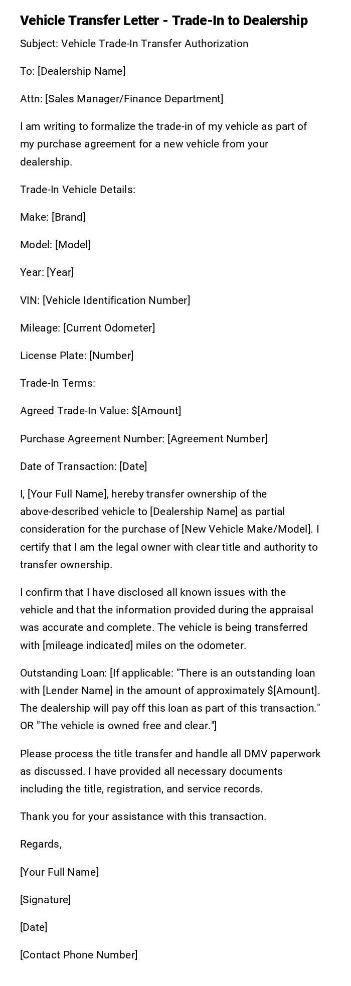 Vehicle Transfer Letter - Trade-In to Dealership