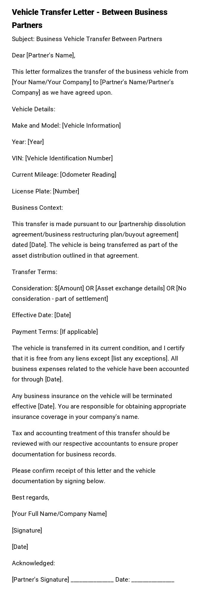 Vehicle Transfer Letter - Between Business Partners