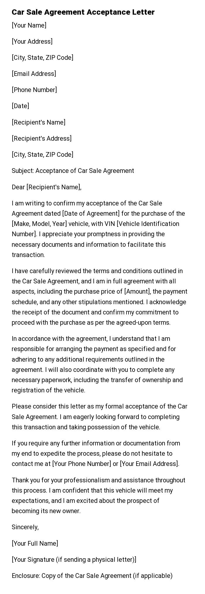 Car Sale Agreement Acceptance Letter