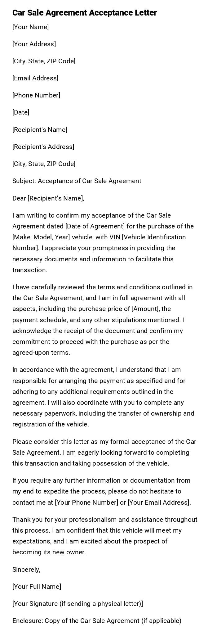 Car Sale Agreement Acceptance Letter