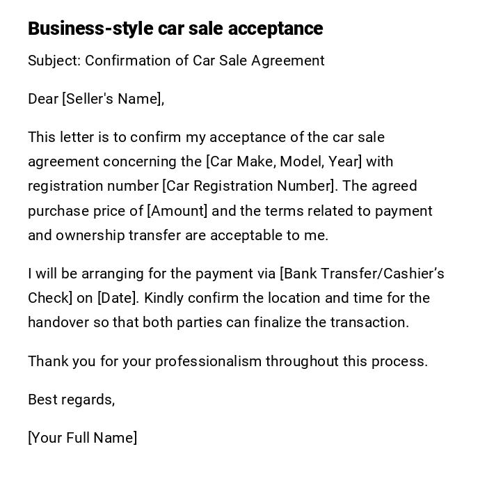 Business-style car sale acceptance Business-style car sale acceptance