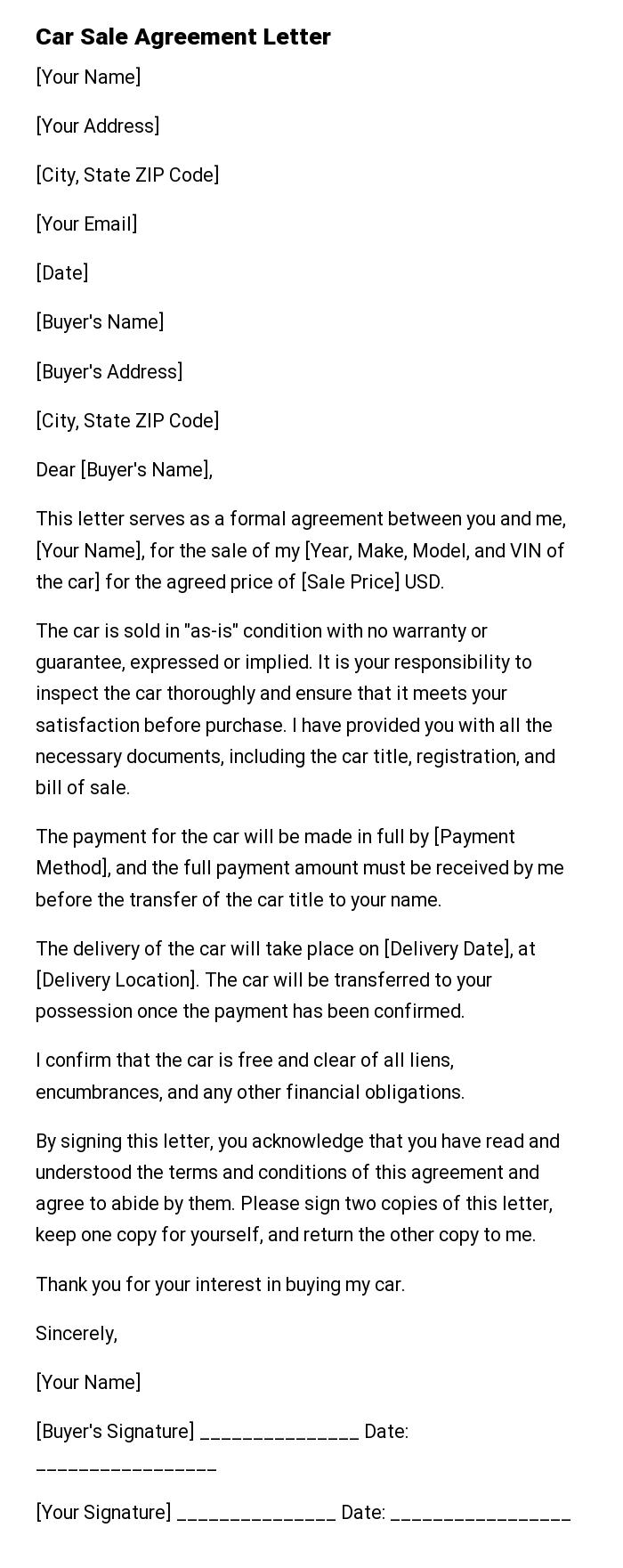 Car Sale Agreement Letter