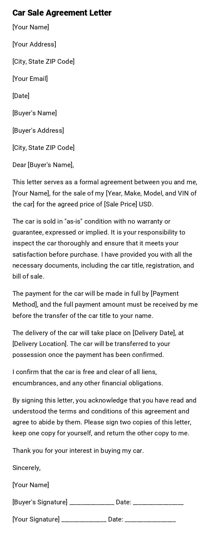 Car Sale Agreement Letter