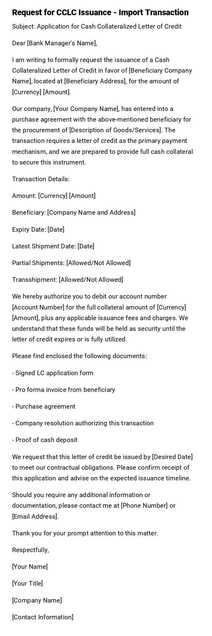 Request for CCLC Issuance - Import Transaction Request for CCLC Issuance - Import Transaction