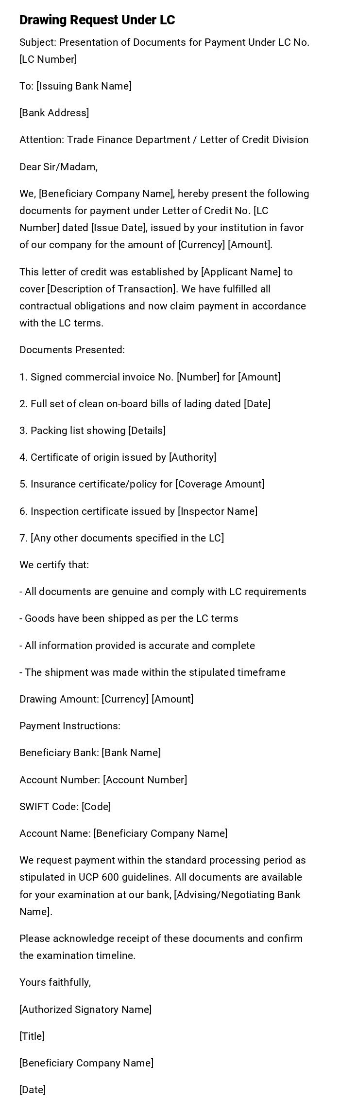 Drawing Request Under LC Drawing Request Under LC