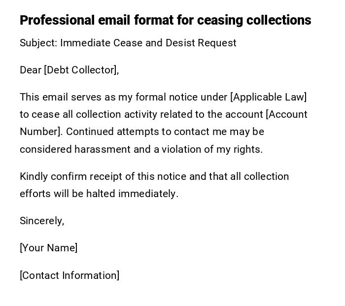 Professional email format for ceasing collections Professional email format for ceasing collections