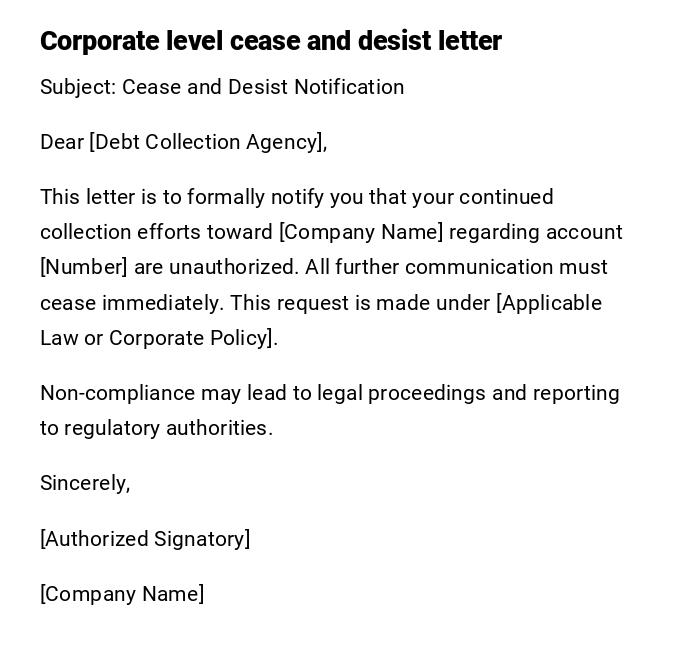 Corporate level cease and desist letter Corporate level cease and desist letter