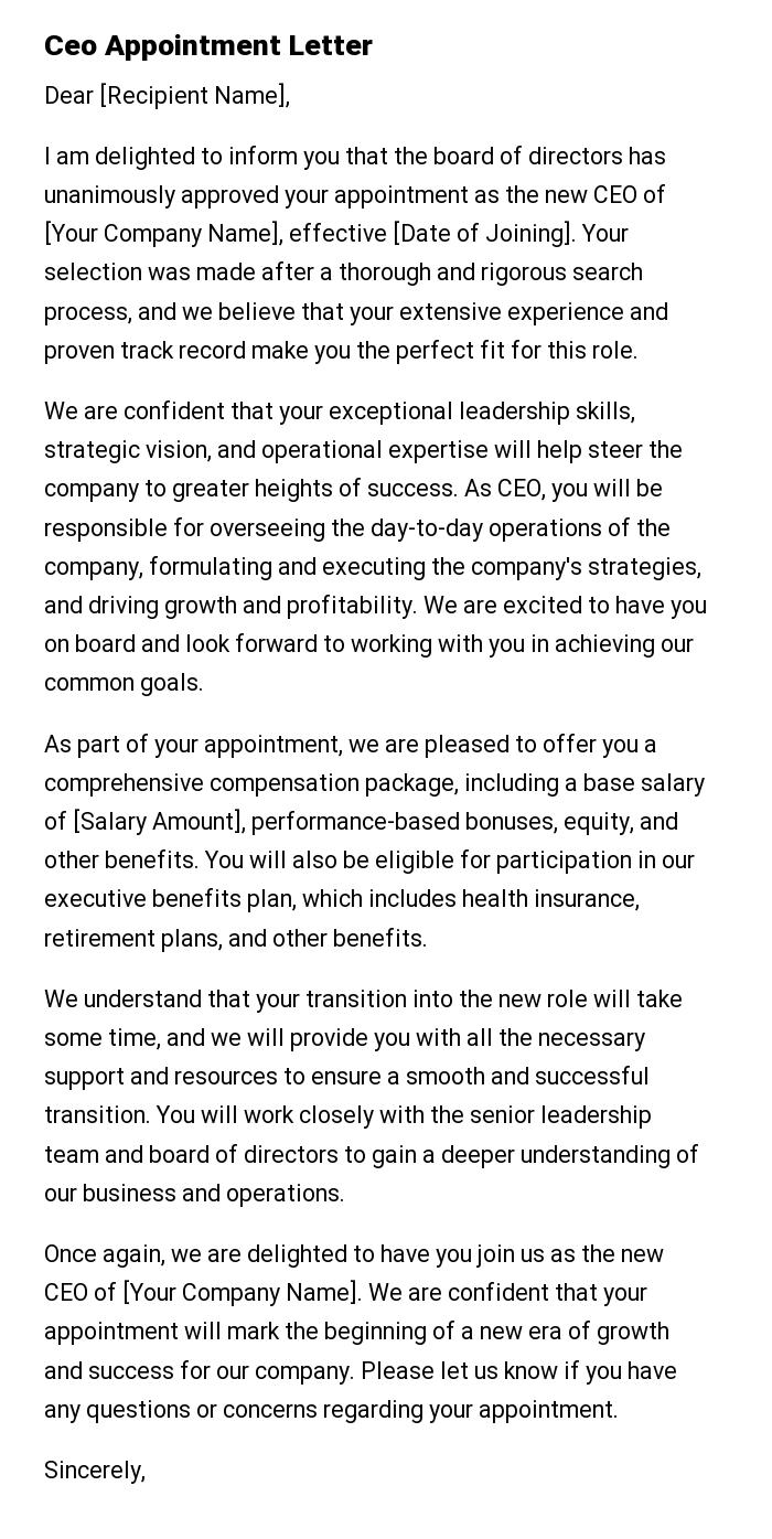 Ceo Appointment Letter