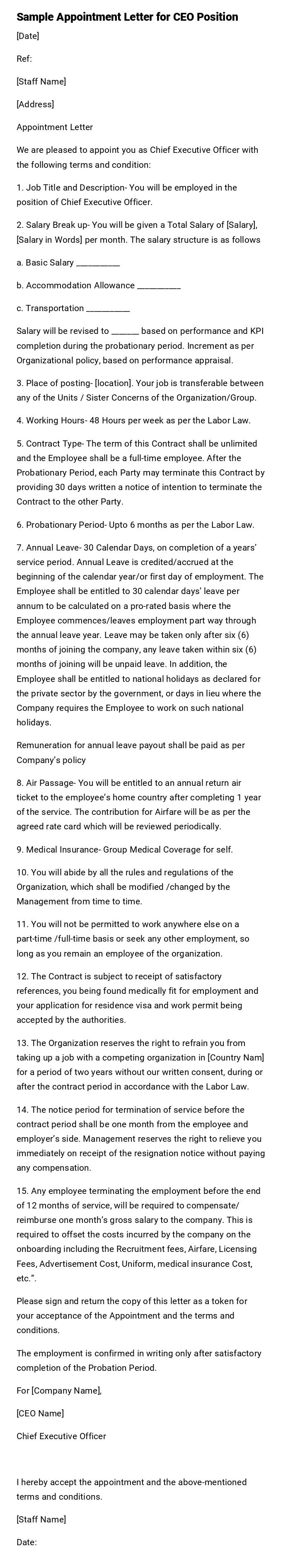 Sample Appointment Letter for CEO Position Sample Appointment Letter for CEO Position