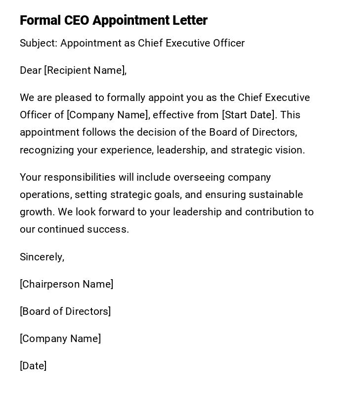 Formal CEO Appointment Letter Formal CEO Appointment Letter
