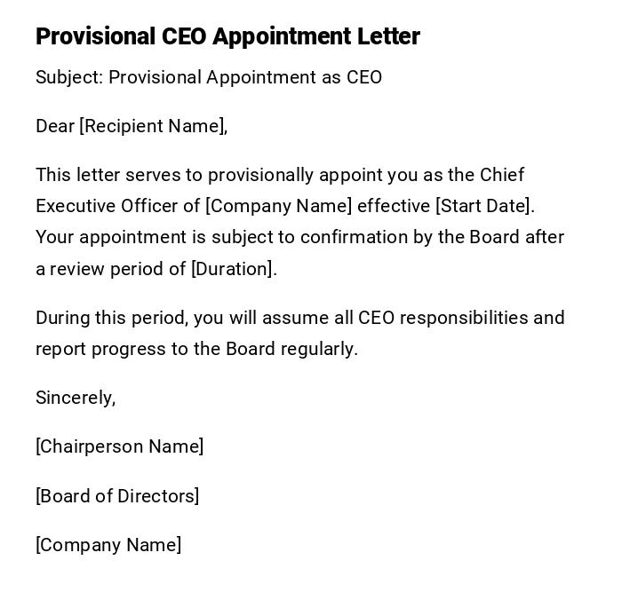 Provisional CEO Appointment Letter Provisional CEO Appointment Letter