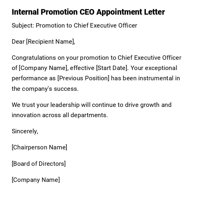 Internal Promotion CEO Appointment Letter Internal Promotion CEO Appointment Letter