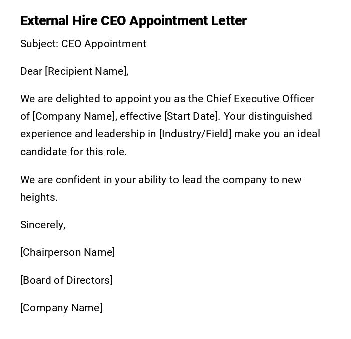External Hire CEO Appointment Letter External Hire CEO Appointment Letter
