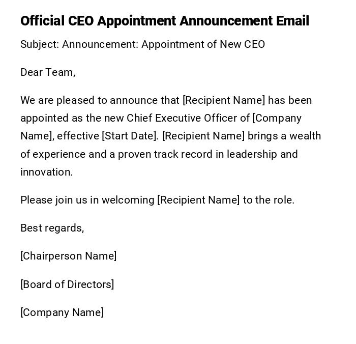 Official CEO Appointment Announcement Email Official CEO Appointment Announcement Email