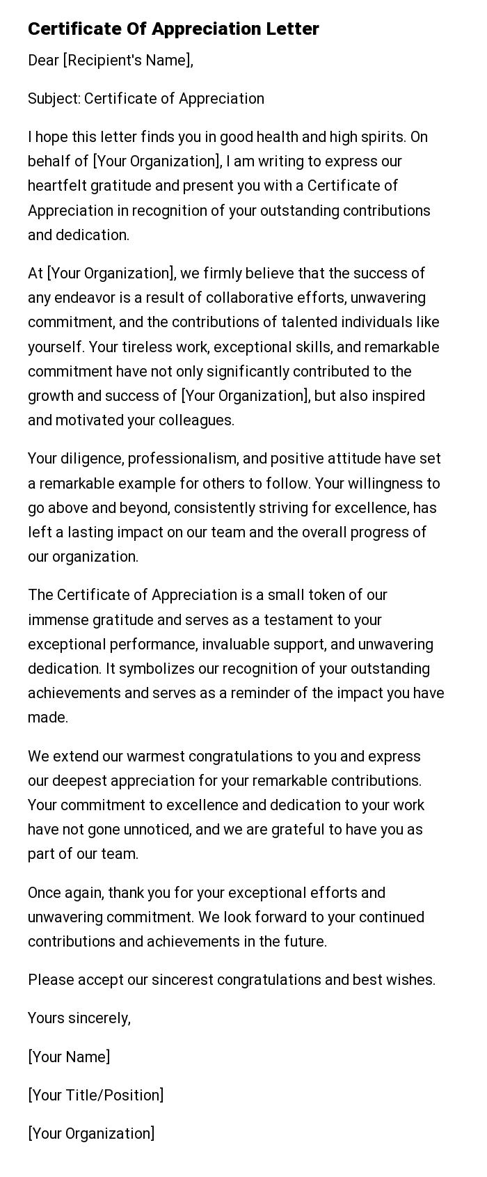 Certificate Of Appreciation Letter