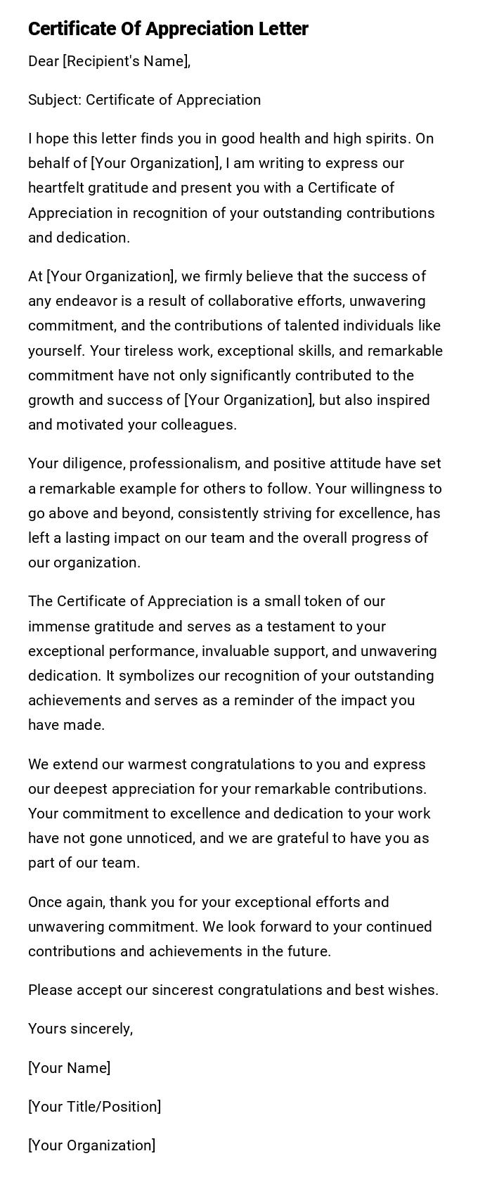 Certificate Of Appreciation Letter