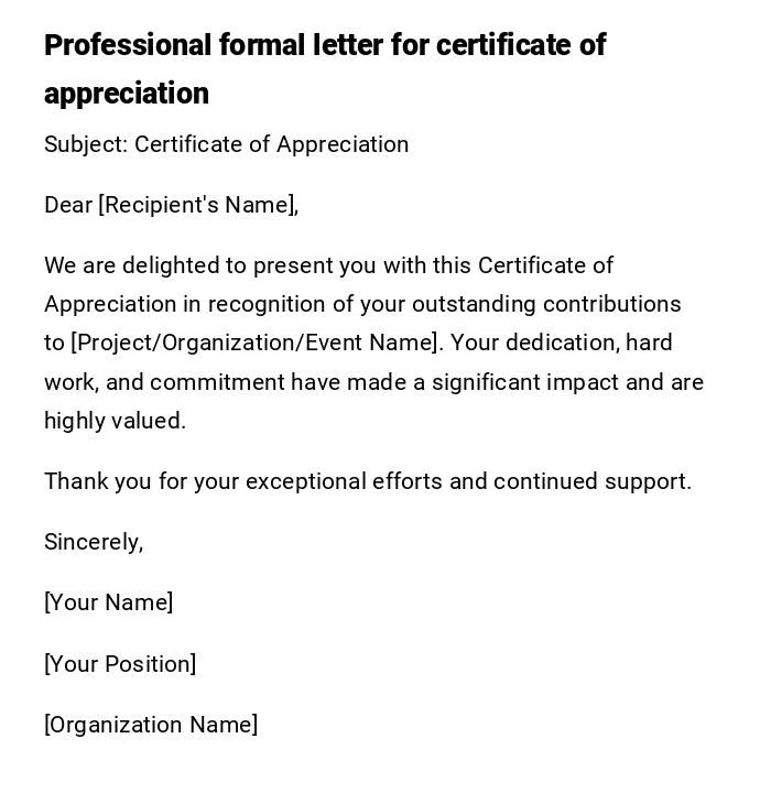 Professional formal letter for certificate of appreciation