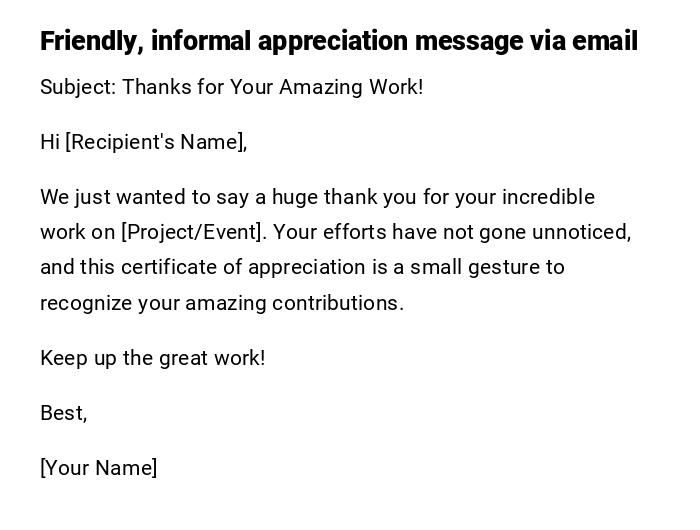 Friendly, informal appreciation message via email