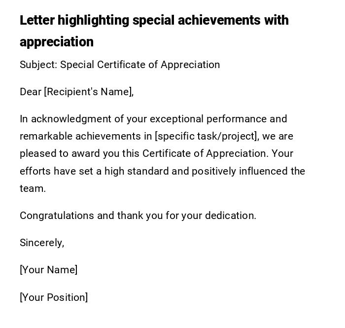 Letter highlighting special achievements with appreciation