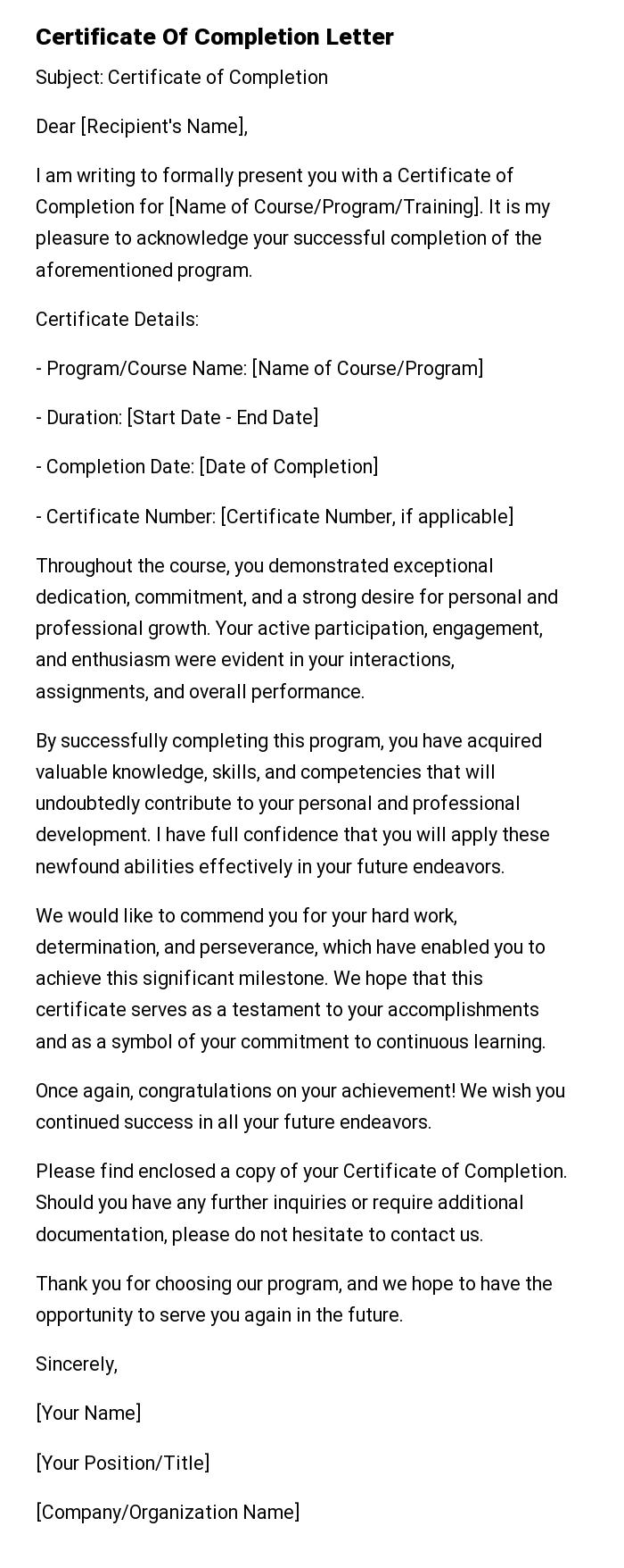 Certificate Of Completion Letter