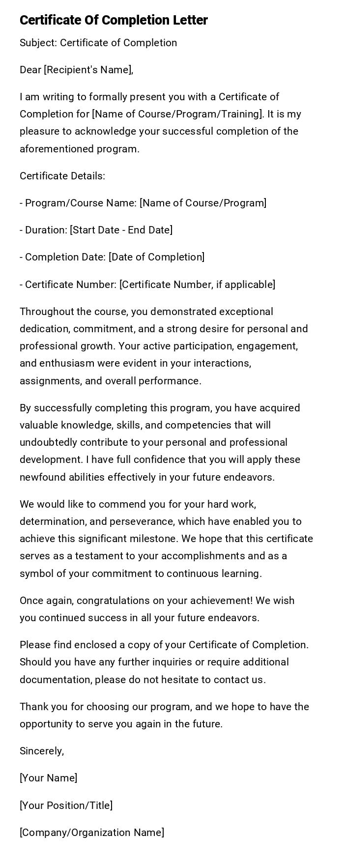 Certificate Of Completion Letter