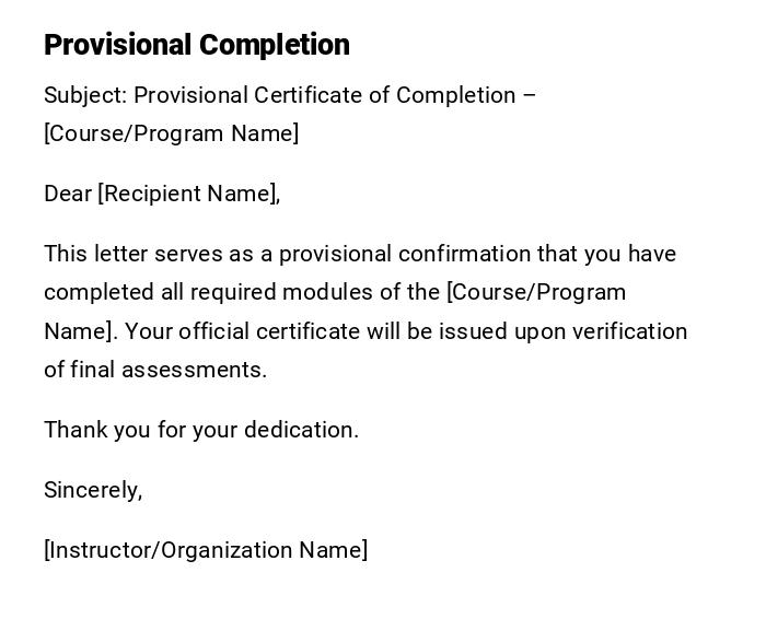 Provisional Completion Provisional Completion